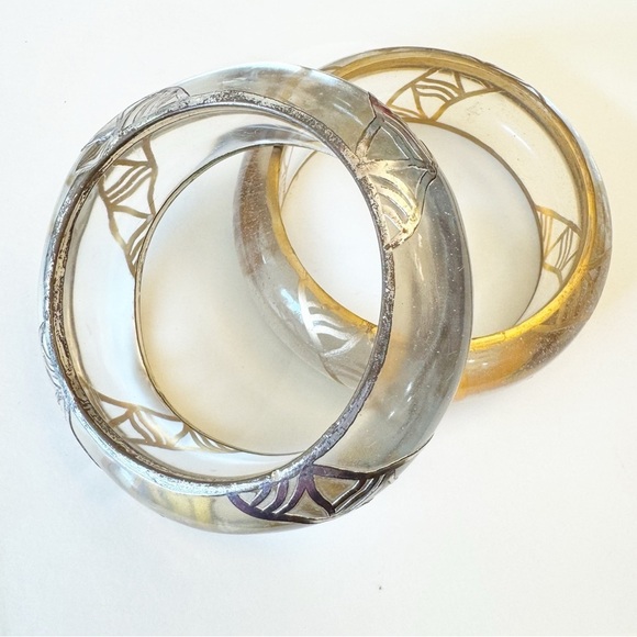 Vintage Silver Gold Embellished Clear Lucite Bangle Bracelet Set - Picture 1 of 12